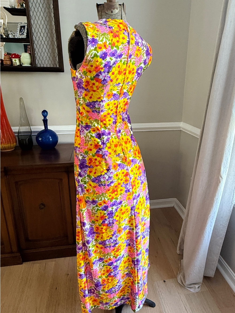 Vtg OOAK 60s/70s Mod Floral Daisy Day Glo Handmade Maxi Dress Sz Sm - Picture 3 of 13